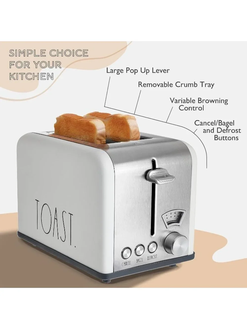 2 Slice Cream Wide Slot with 5 Browning Levels Stainless Steel Toaster Bagel